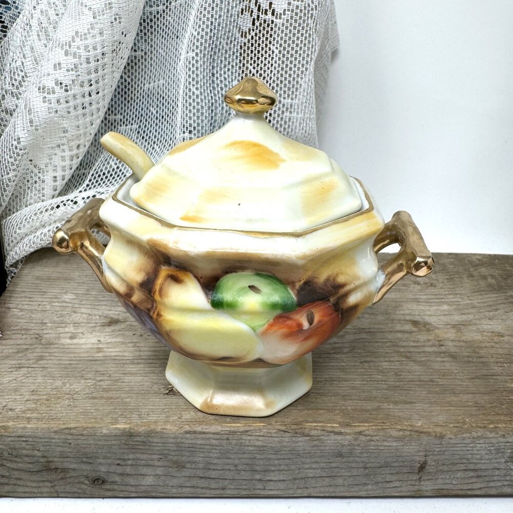 Vintage Enesco Sugar Condiment Bowl w/ Lid Spoon Fruit Gold Trim #E2364